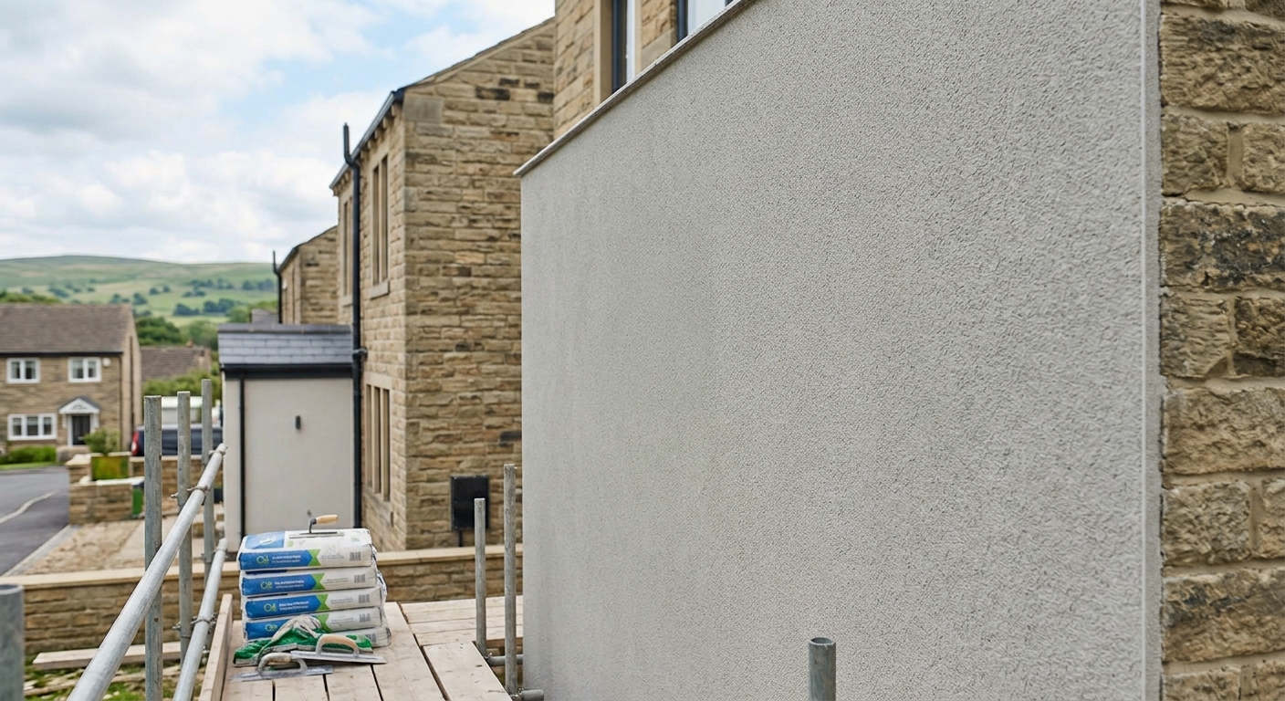 Fresh silicone render on an extension between stone cottages